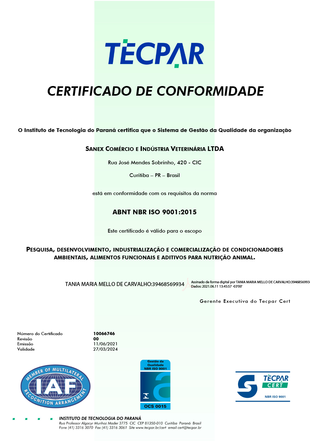Certificado ISO 9001 Sanex